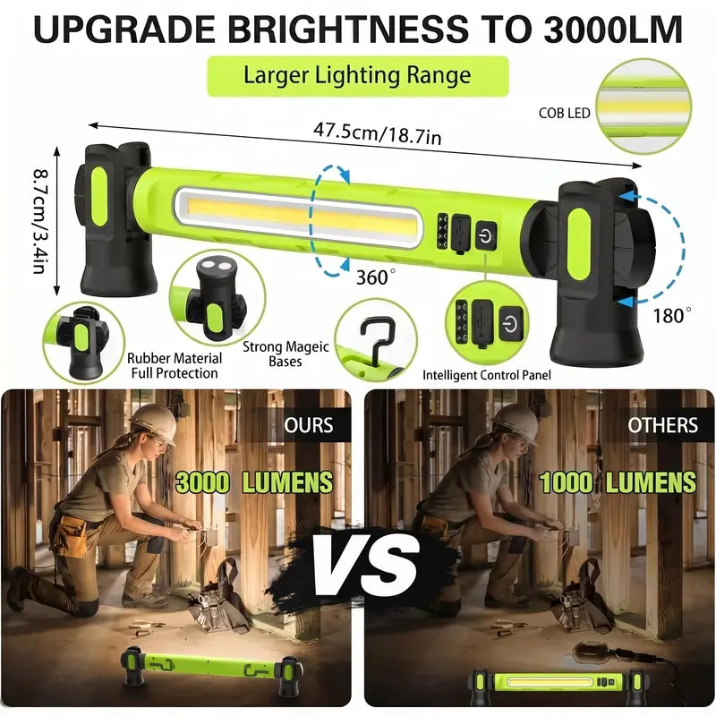 3000LM Rechargeable Magnetic Under Hood LED Work Light with Hooks
